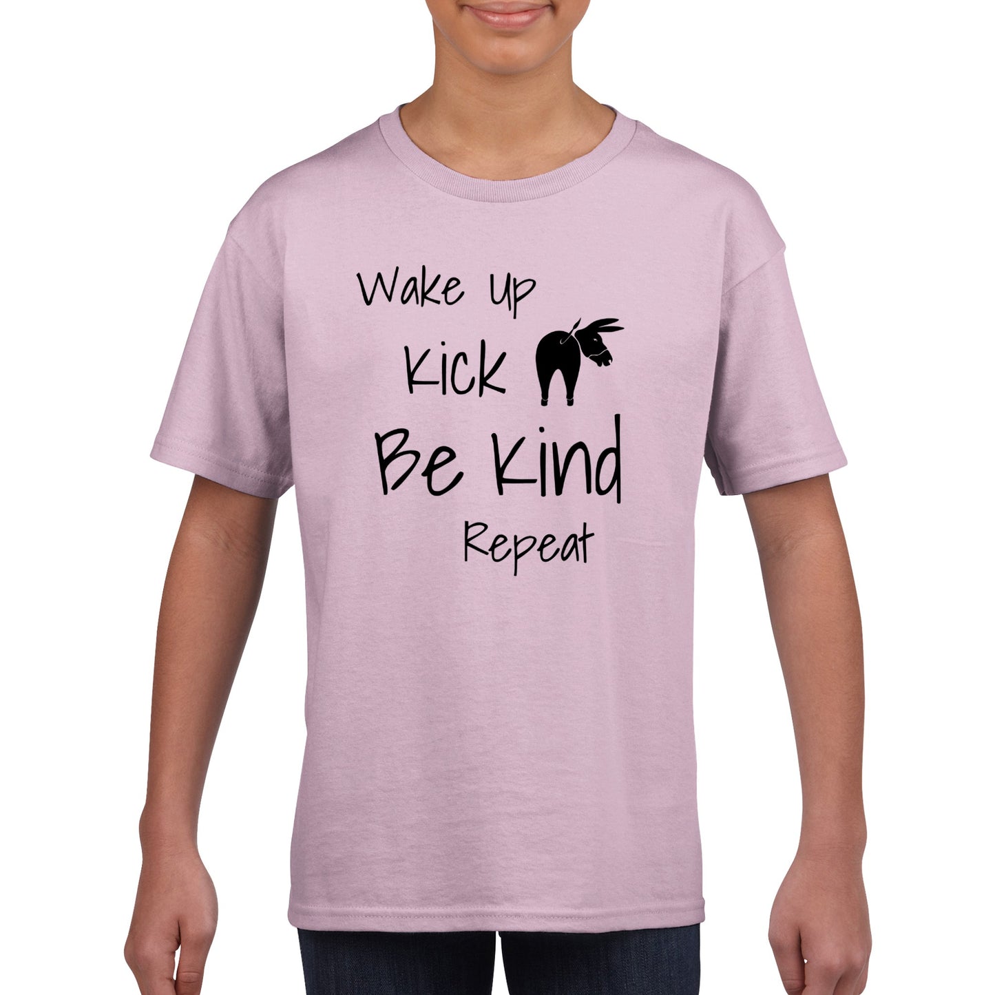 Wake Up Kick Butt Be Kind Kids TShirt (White and Pink)